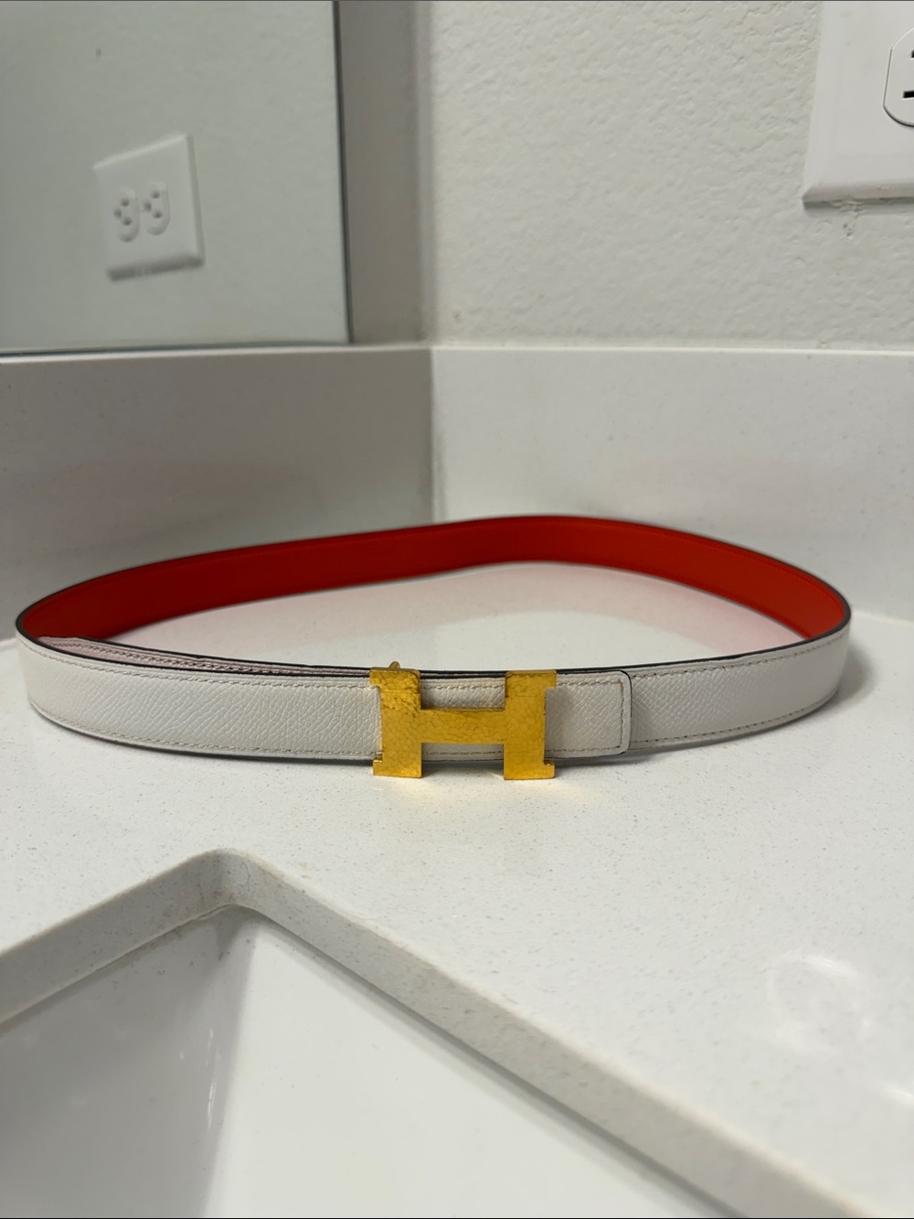 Hermes White and orange Leather Belt with Gold H Buckle SIZE 80